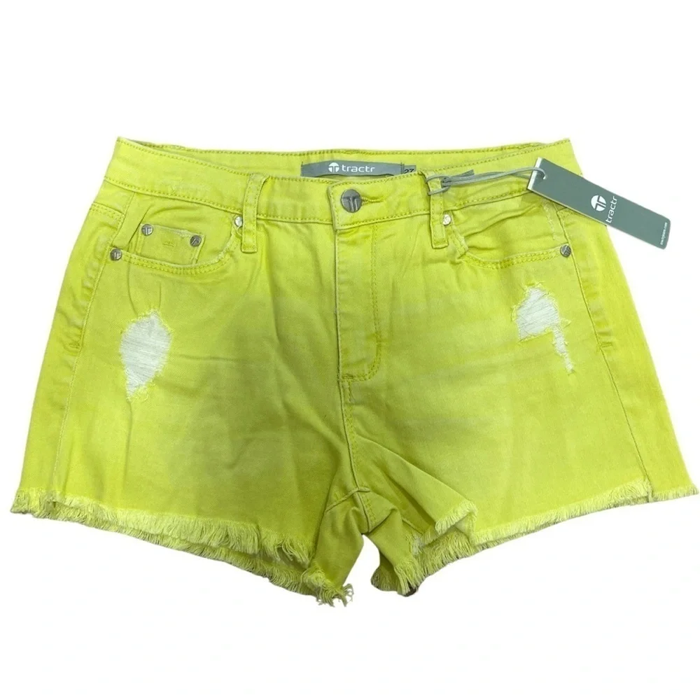 Tractr Neon Yellow High Waist Fray Hem Shorts - Picture 5 of 7